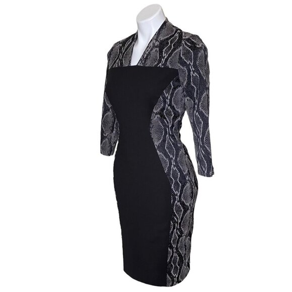 French Connection Black Snake Skin Print Sheath Dress, 3/4-Sleeve Women's Size 6 - Picture 7 of 11